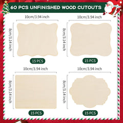 60 PCS Unfinished Wood Cutouts for Crafts - DIY Natural Wood Ornaments & Decorations