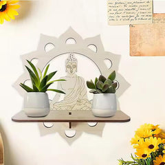 Meditation Wall Storage Rack with Wooden Buddha Design