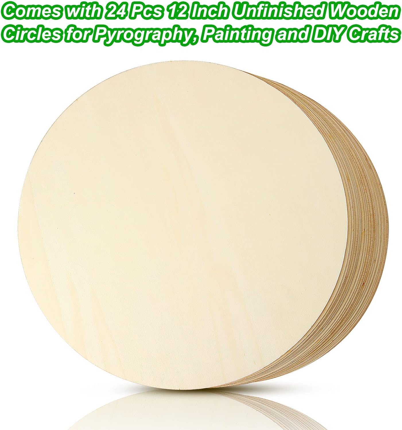 Stack of unfinished wooden circles with text about pyrography, painting, and DIY crafts.