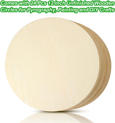 Stack of unfinished wooden circles with text about pyrography, painting, and DIY crafts.