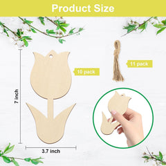 Wooden tulip-shaped ornament with measurements and packaging details on a white background.
