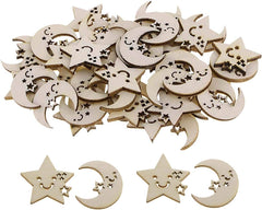 Collection of wooden moon and star shapes on a white background