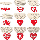 Collection of wooden heart-shaped cutouts with various designs and colors.