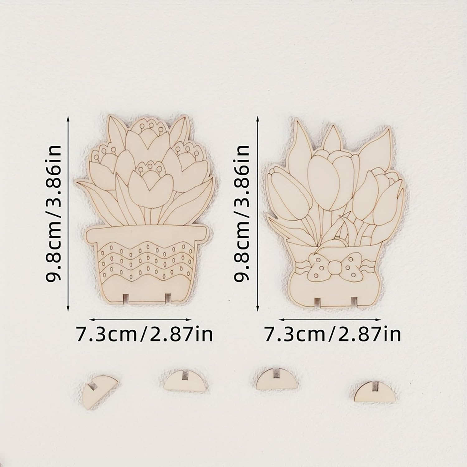Wooden wall hooks shaped like potted plants with measurements on a white background