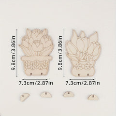 Wooden wall hooks shaped like potted plants with measurements on a white background