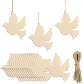 Set of wooden dove shapes with twine on a white background