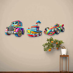 Colorful wall decorations of a car, boat, and race car on a beige wall with a plant and small table.