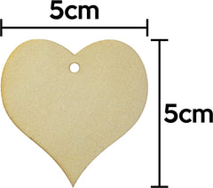 Heart-shaped wooden tag with dimensions labeled on a white background
