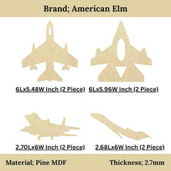 Wooden airplane cutouts with dimensions and material details on a beige background