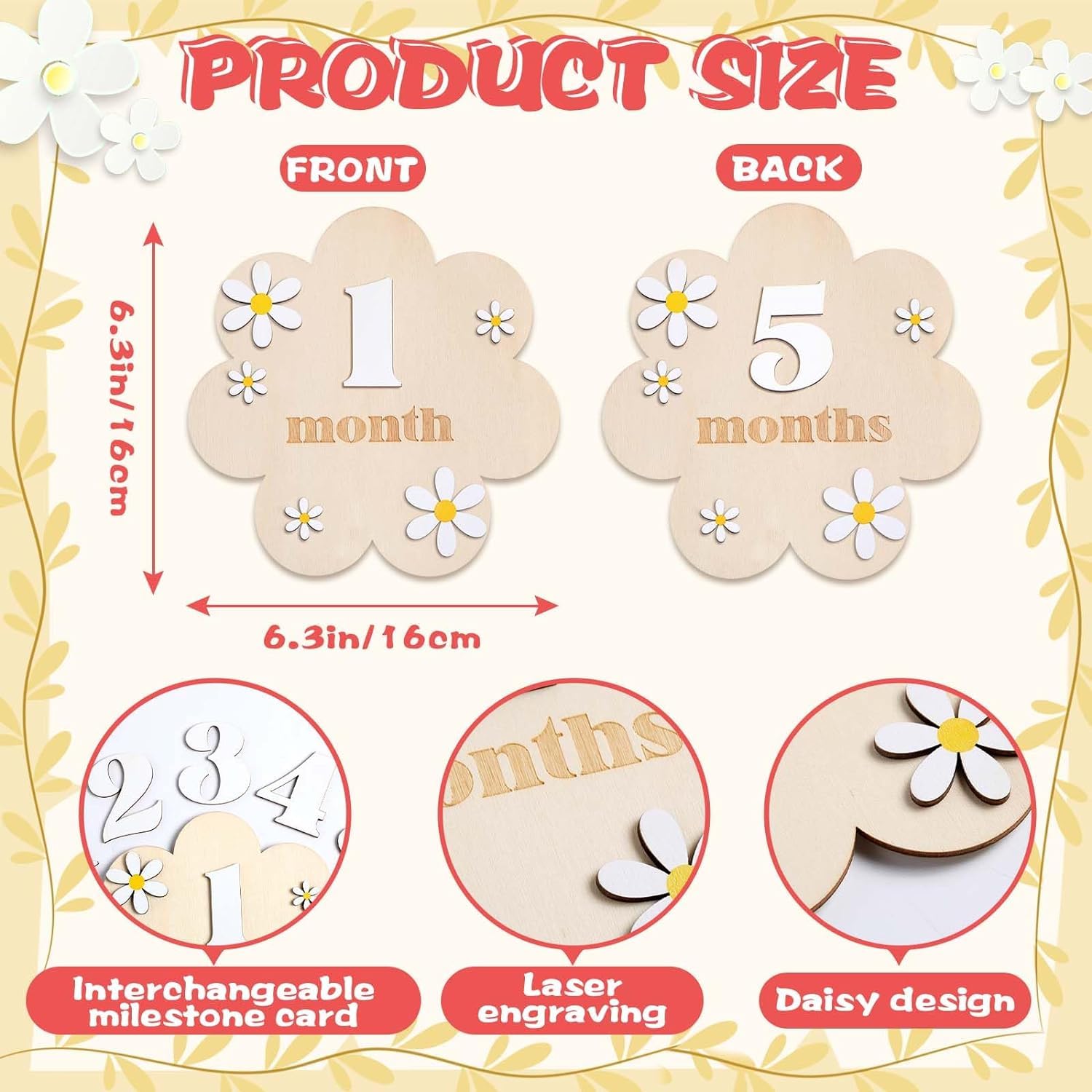 Product size chart for baby milestone cards with daisy design