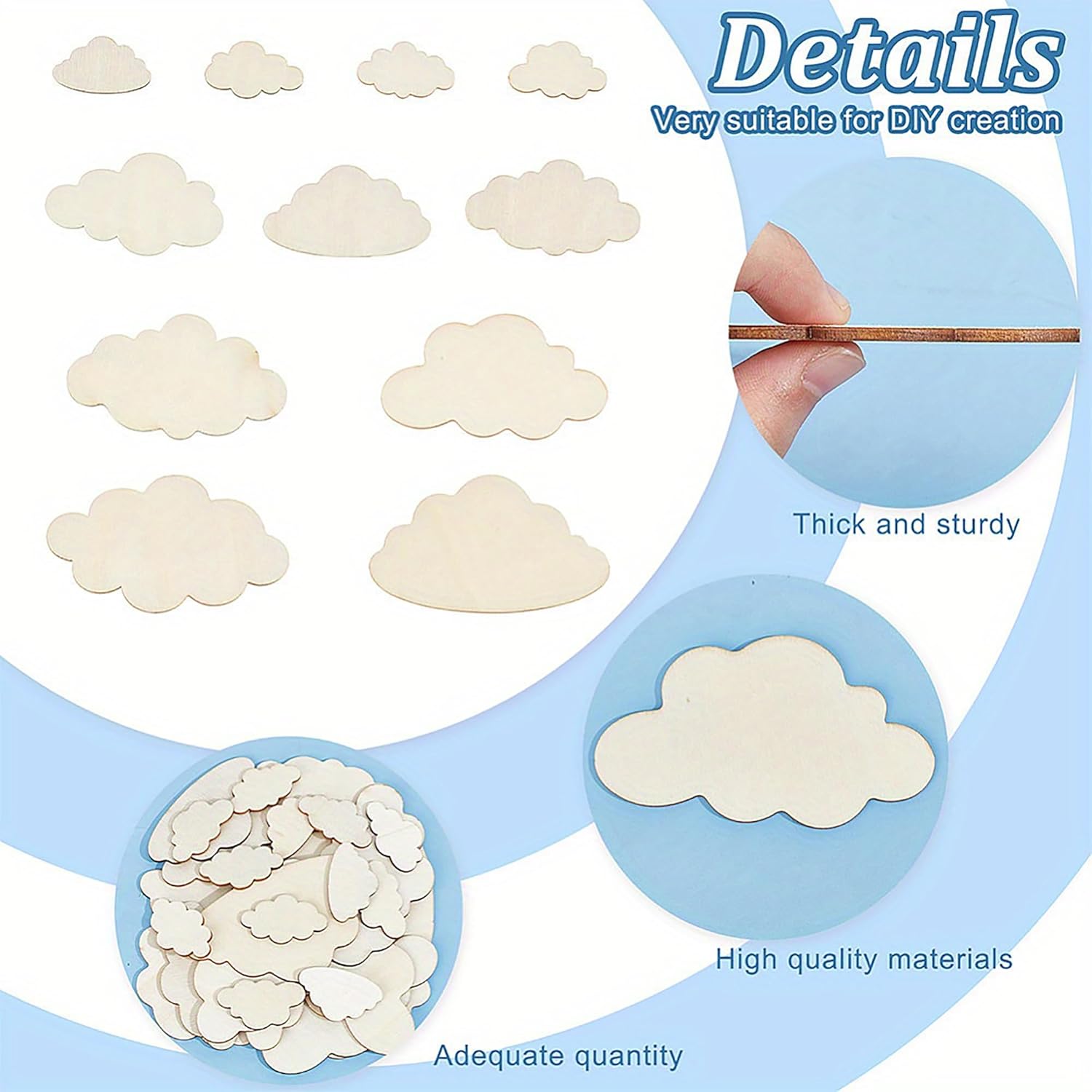 Cloud-shaped stickers with text highlighting features on a blue background