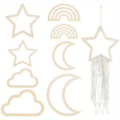 American Elm 8 Pcs Boho Wooden Macrame Frames Set Moon Star Cloud Rainbow Shapes DIY Craft Wall Hanging Decor MDF Cutouts for Weaving, Home Decoration, Room