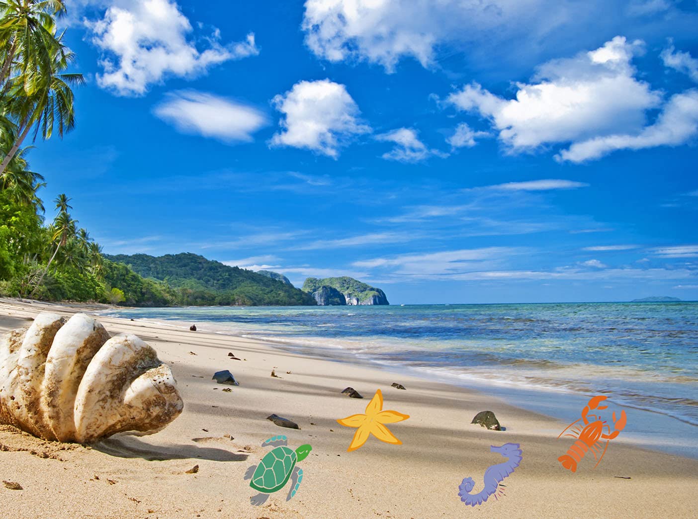 Beach scene with a large shell, starfish, and colorful sea creatures on the sand.