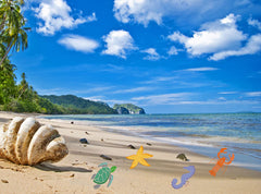 Beach scene with a large shell, starfish, and colorful sea creatures on the sand.