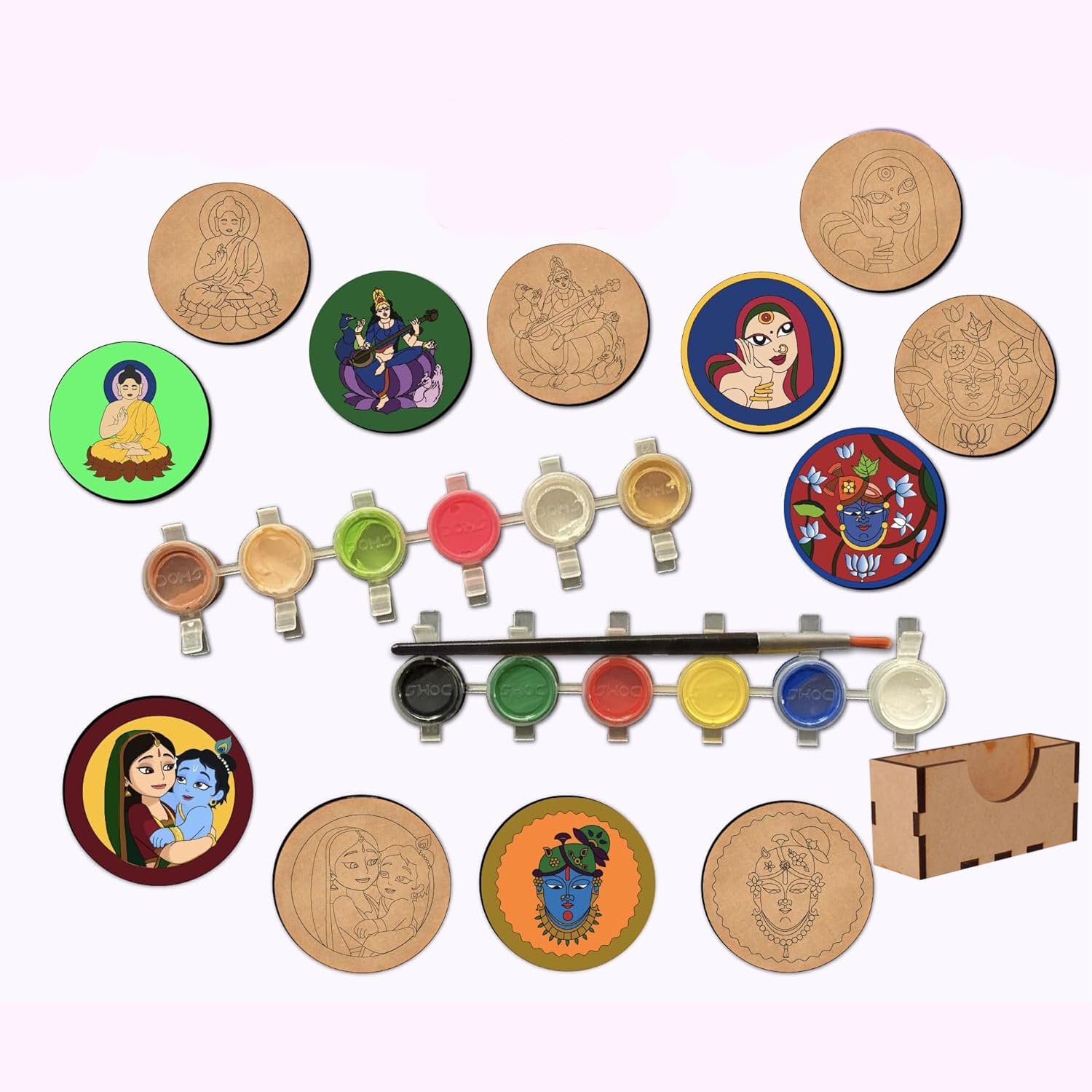 Set of colorful coasters with artistic designs and a paintbrush on a white background