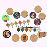 Set of colorful coasters with artistic designs and a paintbrush on a white background