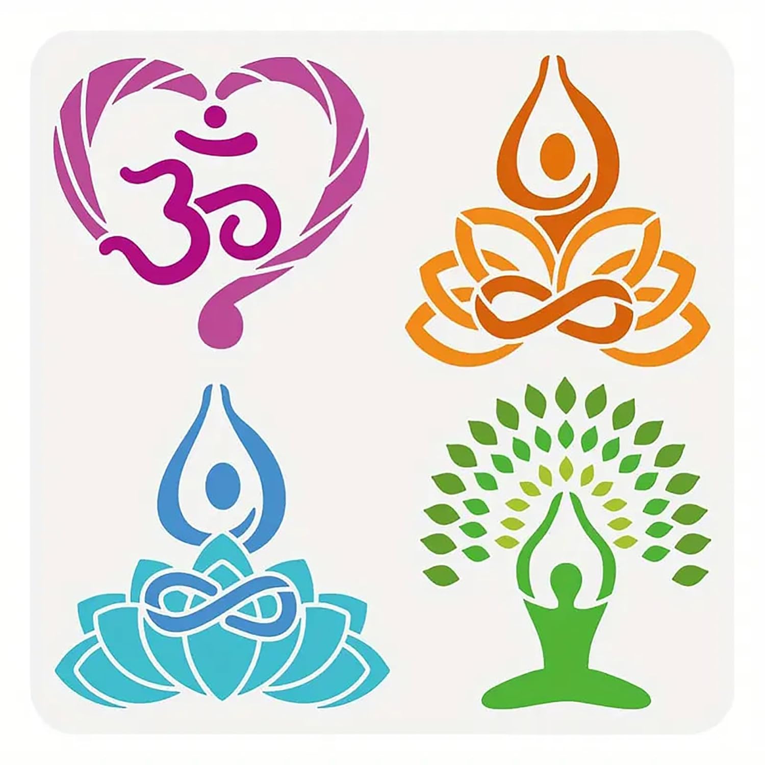 Set of four colorful yoga and meditation symbols on a white background