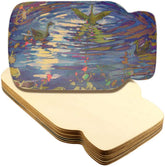 Stack of wooden coasters with a colorful duck design on a white background