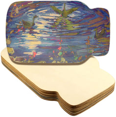 Stack of wooden coasters with a colorful duck design on a white background