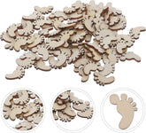 Wooden cutout shapes of feet on a white background