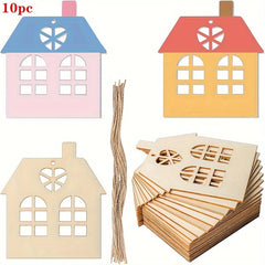 Set of colorful house-shaped wooden decorations with a stack of plain ones on a white background.