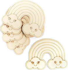 Wooden rainbow and cloud decorations with smiling faces on a white background