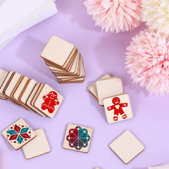 Stacks of wooden cards with colorful designs on a purple surface with pink flowers.