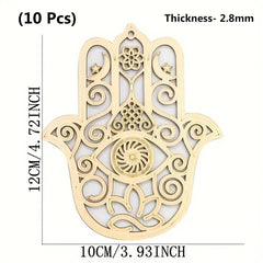 Decorative Hamsa hand pendant with measurements on a white background