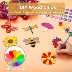 Colorful DIY wood chips with paint supplies on a table