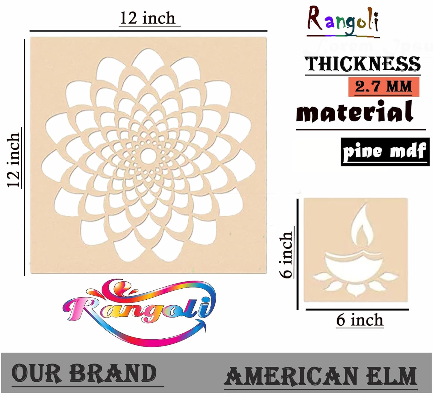 Decorative stencil with floral design, measurements, and material details on a beige background.