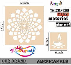 Decorative stencil with floral design, measurements, and material details on a beige background.