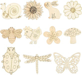 Set of wooden cutouts including animals, plants, and insects on a white background