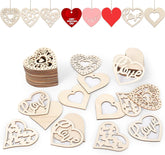 Wooden heart-shaped decorations with 'Love' engraving on a white background