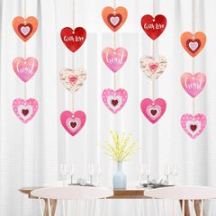 Decorative heart-shaped hanging ornaments with 'With Love' text on a white curtain background.