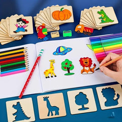 Coloring book with animal illustrations, coloring pencils, and wooden stencils on a blue background