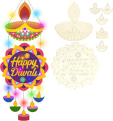 Decorative items for Diwali with colorful lights and 'Happy Diwali' text.