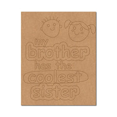 Kraft paper card with cut-out text 'my brother has the coolest sister' and illustrations of a boy and girl on a white background.