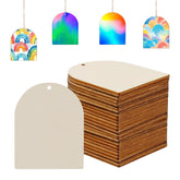 Stack of plain cardboard tags with colorful rainbow designs above them on a white background.