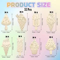 Product size chart for wooden ice cream and popsicle shapes with dimensions on a pastel background.