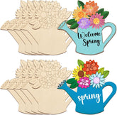 Wooden cutouts of a watering can and flowers with 'Welcome Spring' text on a white background.