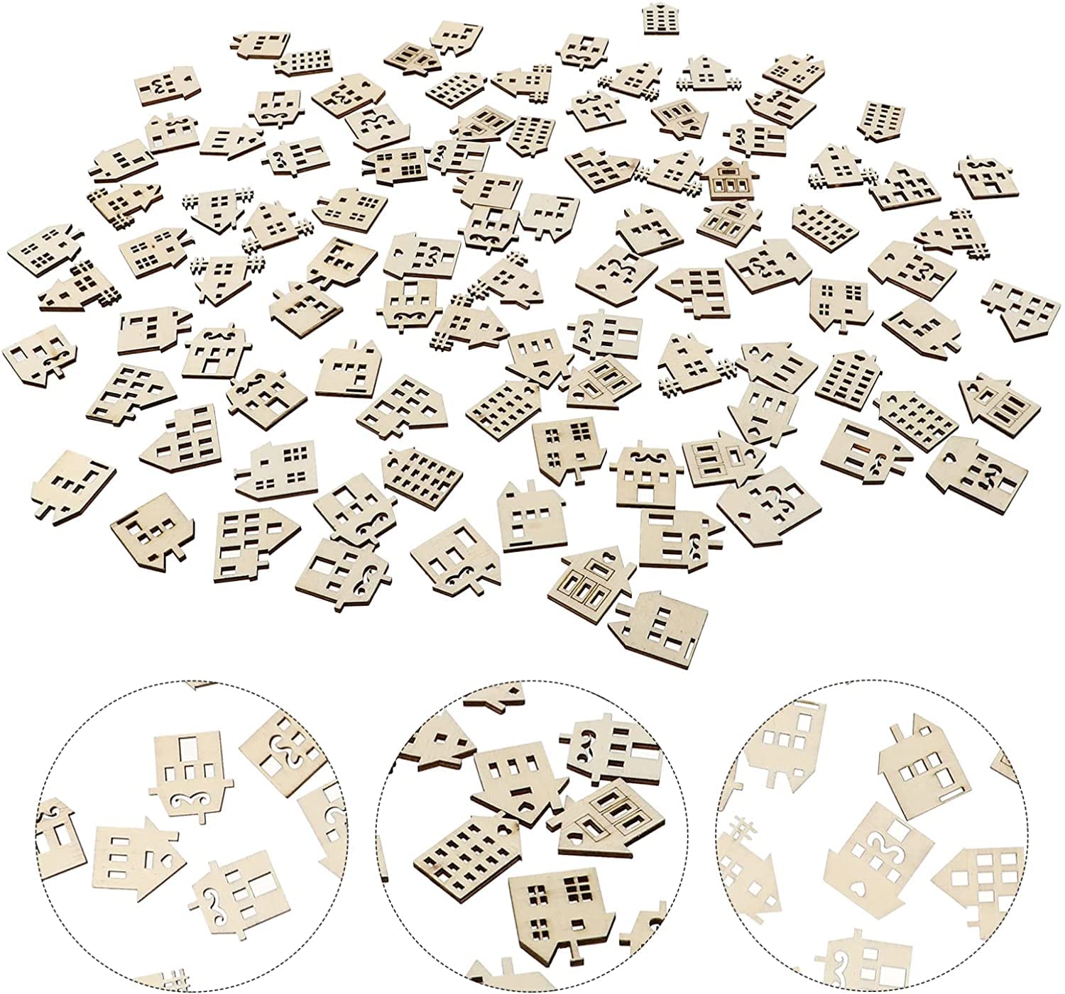 Small wooden house-shaped pieces scattered on a white background with three close-up circles highlighting different designs.