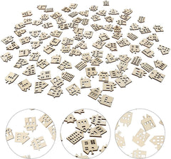 Small wooden house-shaped pieces scattered on a white background with three close-up circles highlighting different designs.