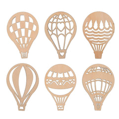 Set of six wooden hot air balloon cutouts with different designs on a white background