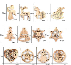 Set of wooden Christmas ornaments with measurements