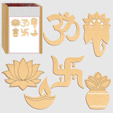Set of wooden decorative items including OM symbol, lotus flowers, and other symbols on a light gray background.