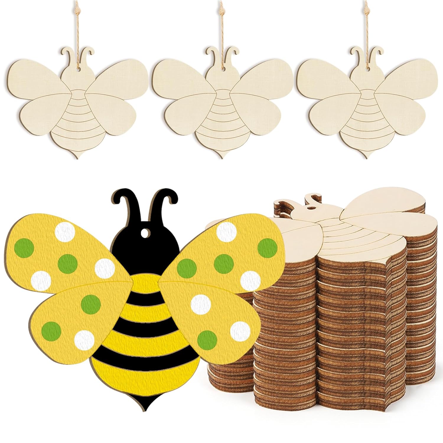Wooden bee-shaped decorations with a stack of additional bees on a white background
