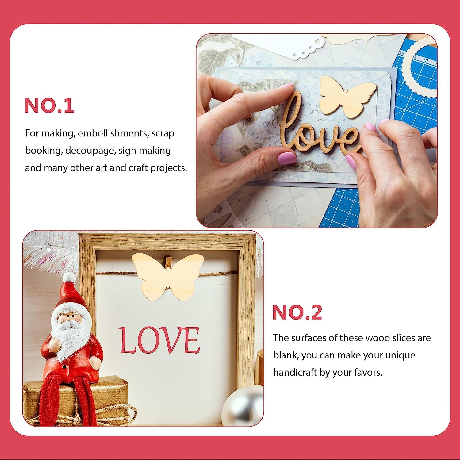 Wooden 'love' and butterfly decorations with crafting activities on a white background.