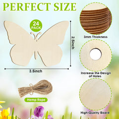Butterfly-shaped wooden cutouts with measurements and details on a floral background