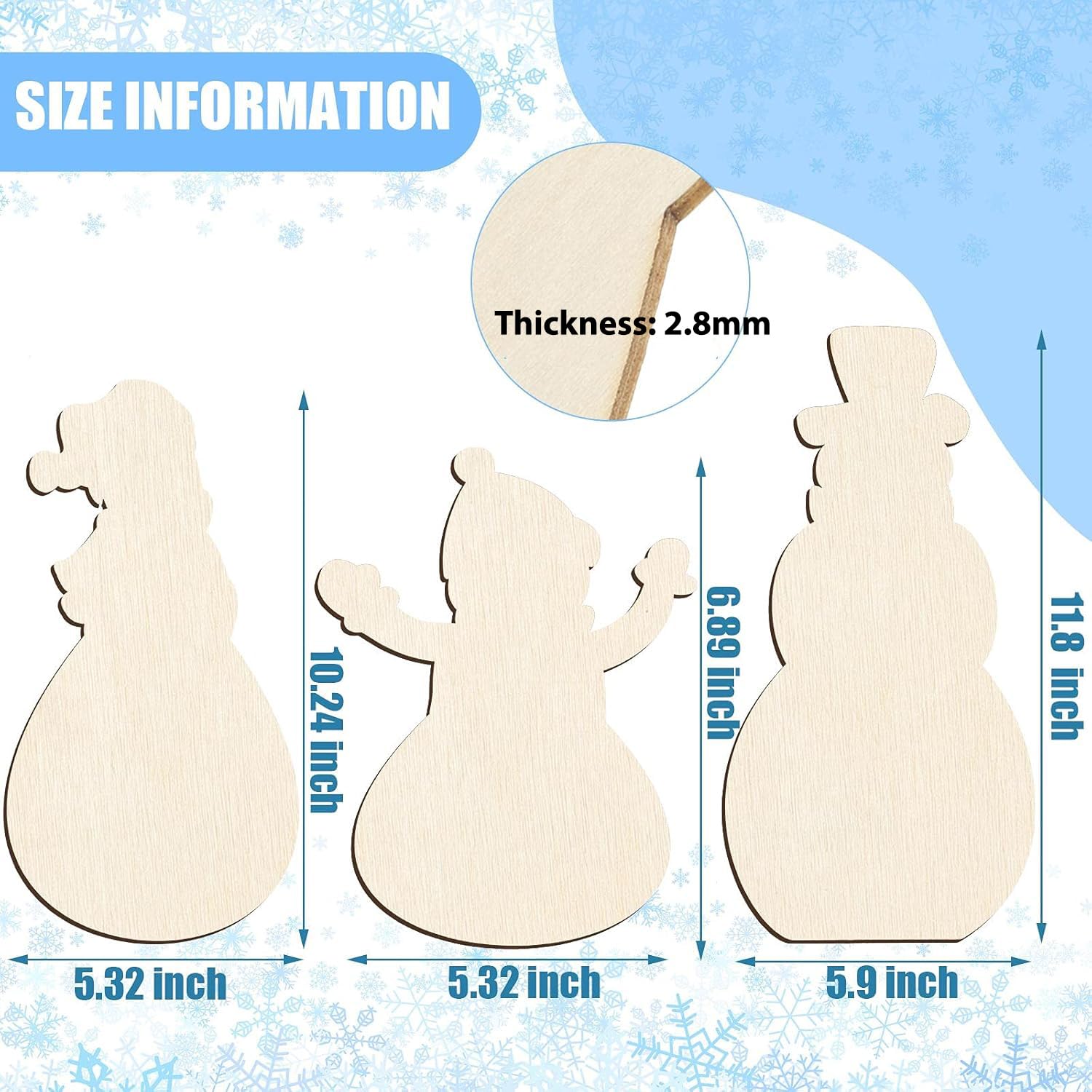 Wooden snowman cutout with measurements on a snowy background