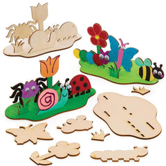 Set of wooden garden-themed craft pieces including flowers, insects, and a caterpillar on a white background.
